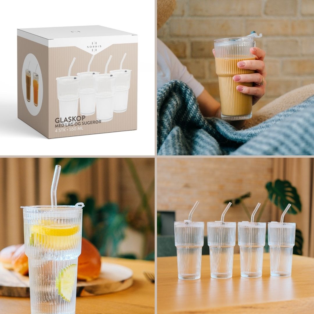 Nordis - Glaskop med låg og sugerør 550 ml - 4 pak