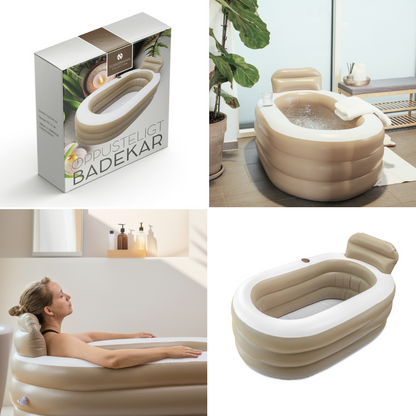 Oppusteligt Badekar 160 L – Brun/Beige  Praktisk oppusteligt badekar med nakkestøtte, kopholder og afløbsslange – perfekt til hjemme-wellness uden et fast badekar