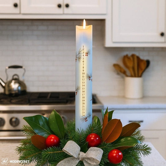 LED Julekalenderlys med Timer og Fjernbetjening – 25 cm  Stemningsfuldt LED kalenderlys med 3D-flamme, timer og fjernbetjening til hyggelig nedtælling frem mod juleaften