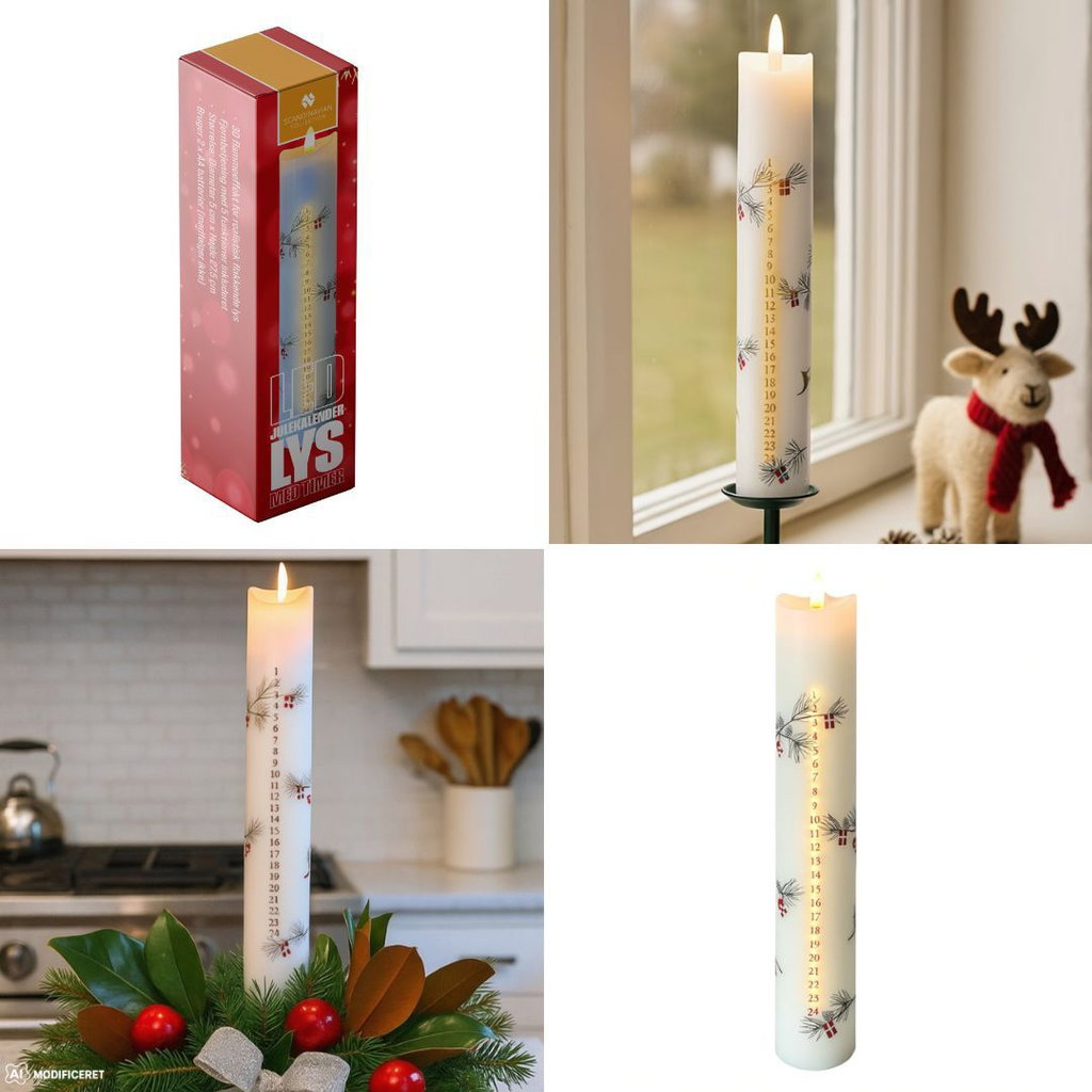 LED Julekalenderlys med Timer og Fjernbetjening – 25 cm  Stemningsfuldt LED kalenderlys med 3D-flamme, timer og fjernbetjening til hyggelig nedtælling frem mod juleaften