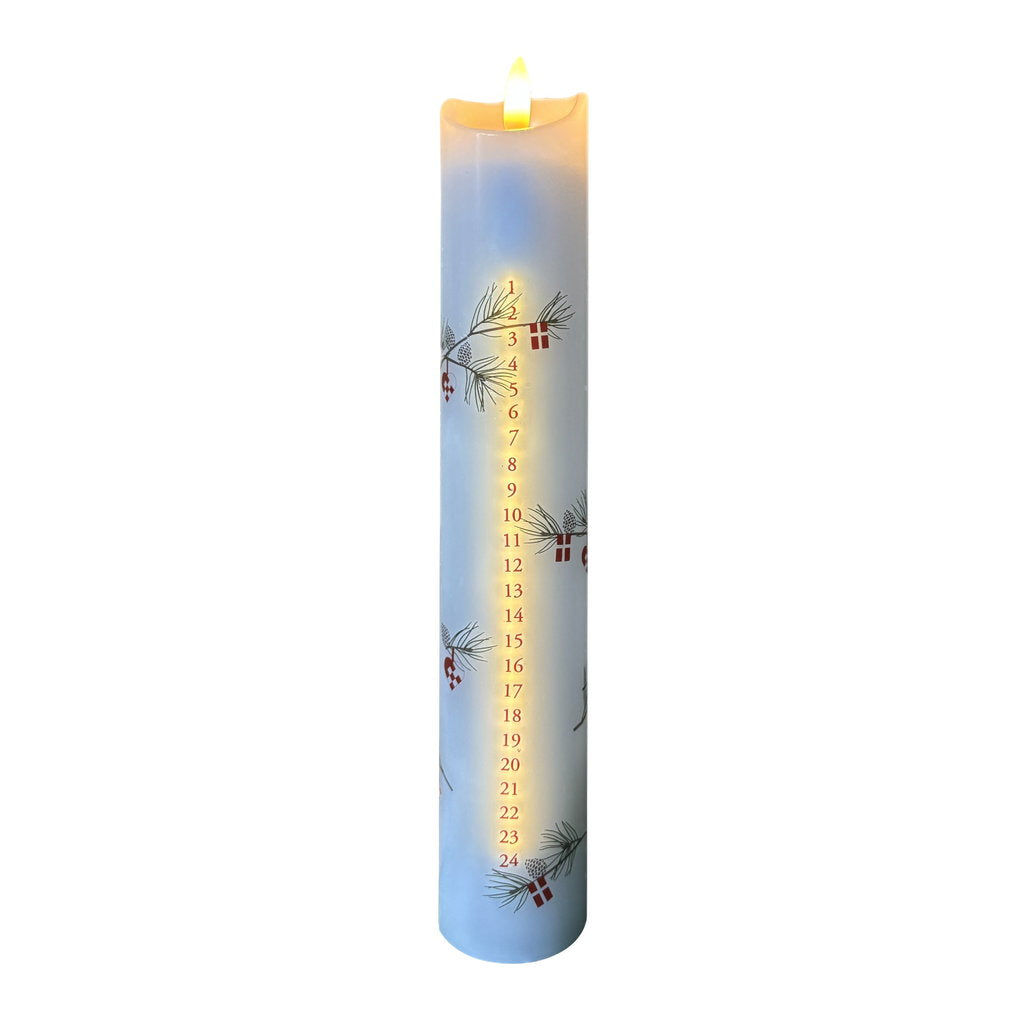 LED Julekalenderlys med Timer og Fjernbetjening – 25 cm  Stemningsfuldt LED kalenderlys med 3D-flamme, timer og fjernbetjening til hyggelig nedtælling frem mod juleaften