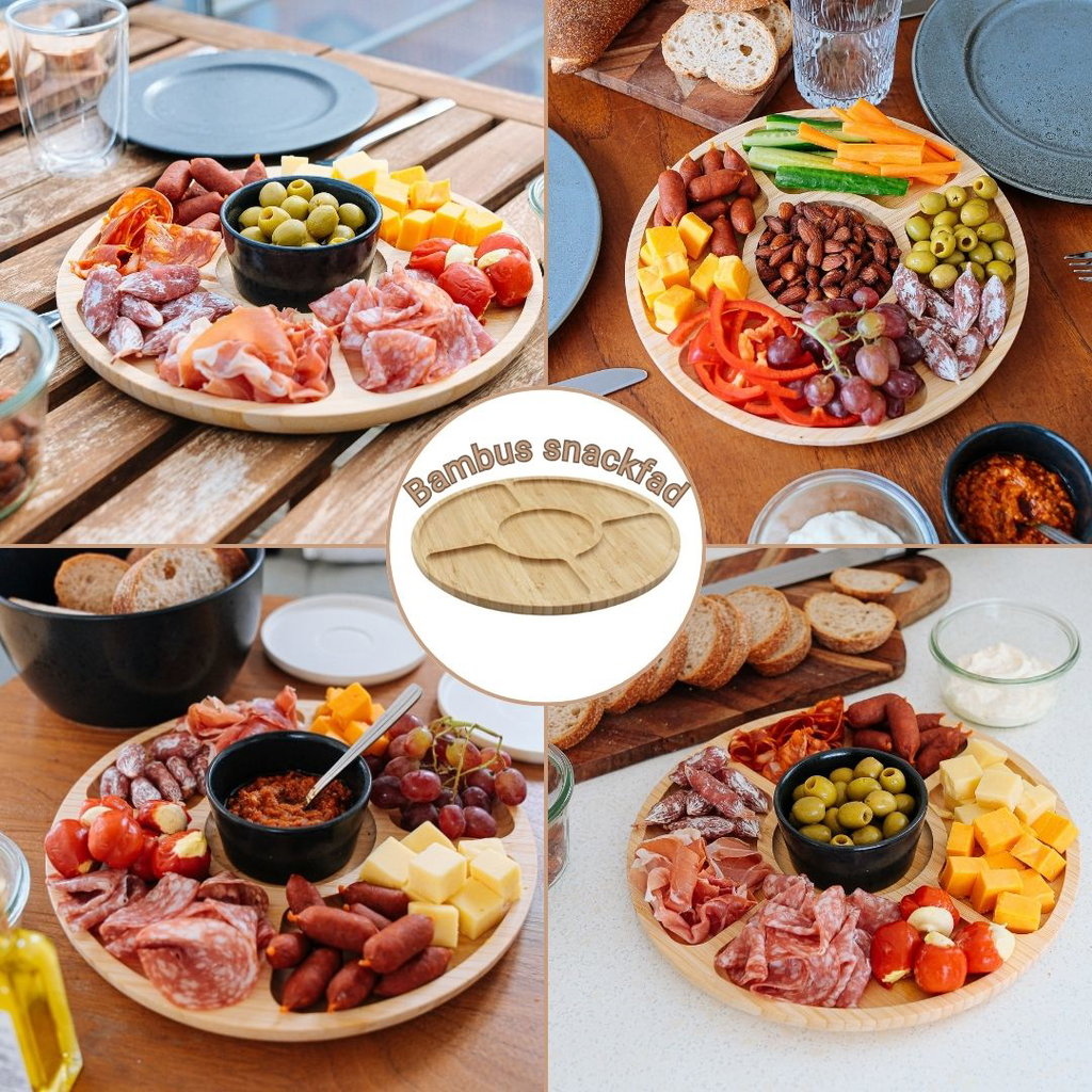 Bambus Snackfad Ø28 cm – Rundt Serveringsfad med Opdeling