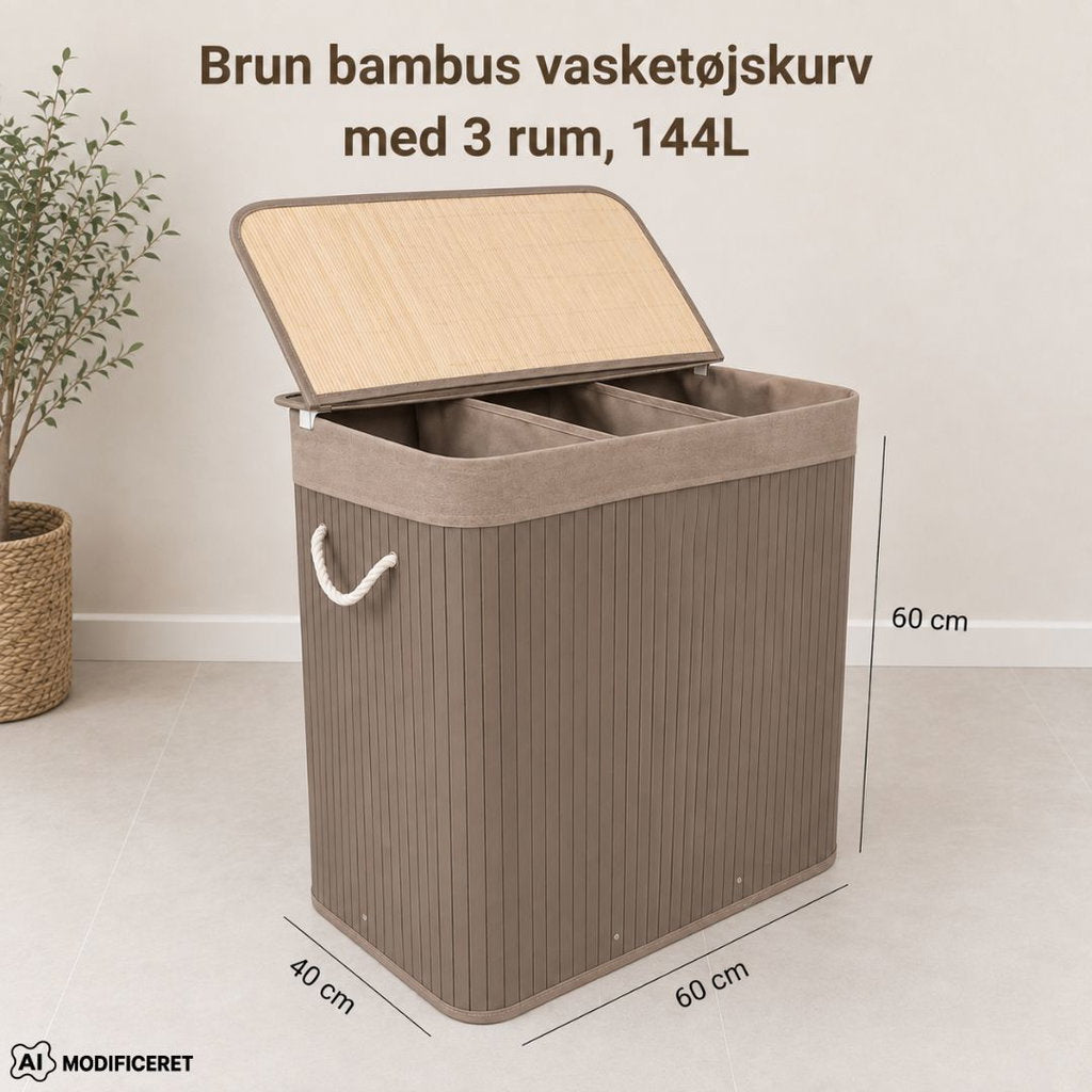 Bambus Vasketøjskurv med 3 Rum – 144 L, Brun