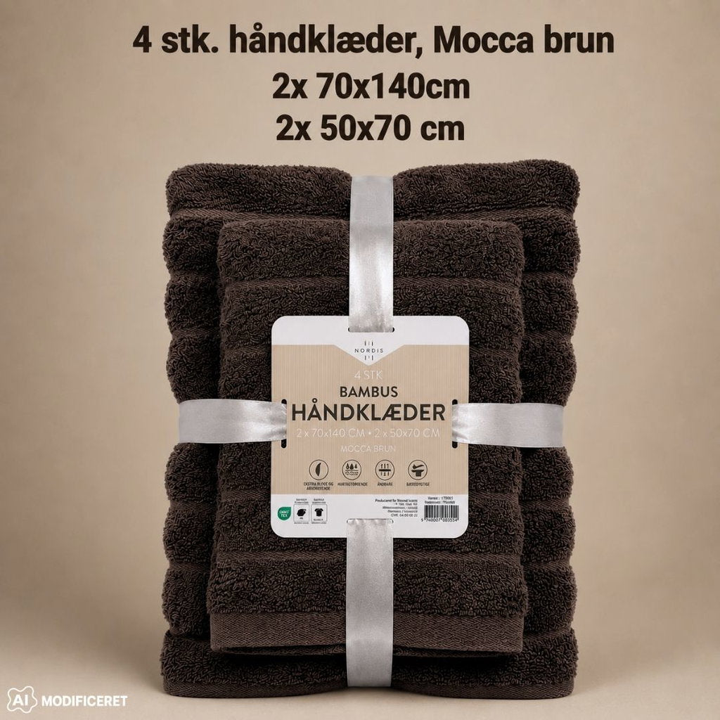 Nordis Bambus Håndklæder 4-Pak 70x140 & 50x70 cm – Mocca Brun  Bløde bambushåndklæder i 4-pak med 2 størrelser i en varm Mocca Brun farve