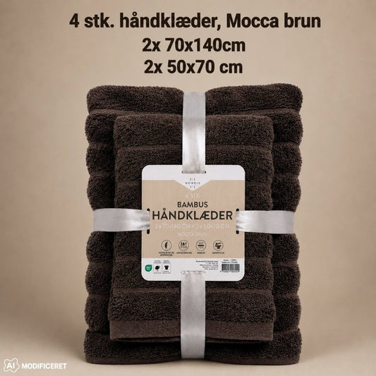 Nordis Bambus Håndklæder 4-Pak 70x140 & 50x70 cm – Mocca Brun  Bløde bambushåndklæder i 4-pak med 2 størrelser i en varm Mocca Brun farve