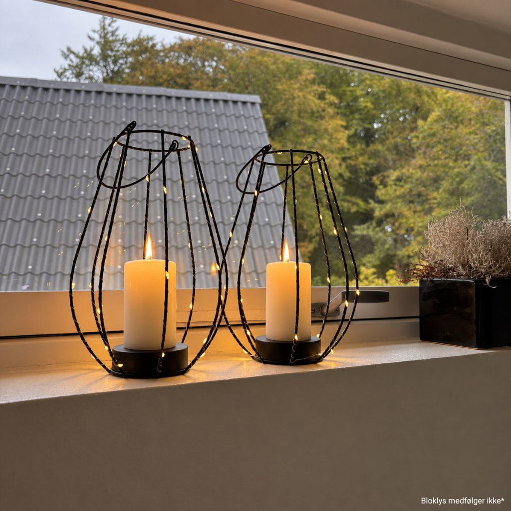 Lanternesæt med LED-Lyskæde – 2 stk. Sort