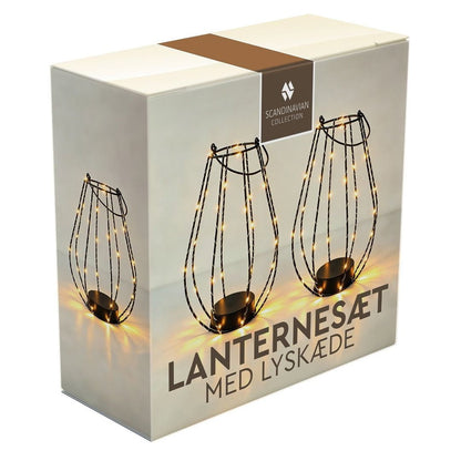 Lanternesæt med LED-Lyskæde – 2 stk. Sort