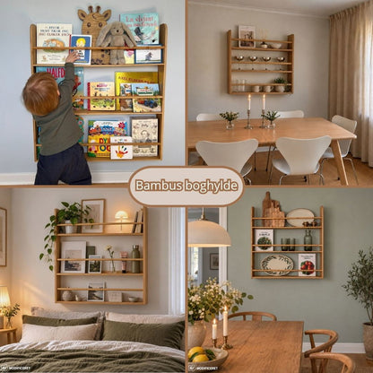 Nordis Bambus Bog-Væghylde 80 × 85 cm - Stilren væghylde i naturlig bambus til bøger, magasiner og dekorationer