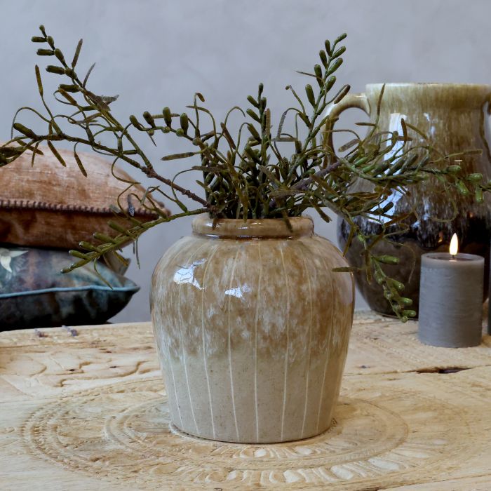 Chic Antique vase med striber i stentøj, H19 cm, farven latte