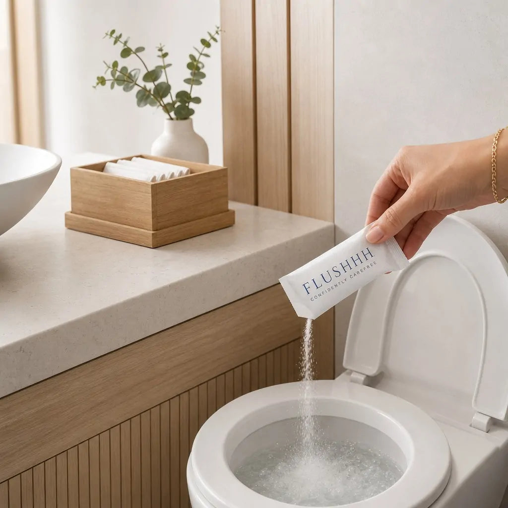 Flushhh® Toiletpulver 4 pak – Diskret mod Lugt og Lyd  Praktisk toiletpulver, der danner et skumlag i toilettet og hjælper med at holde toiletbesøget mere diskret