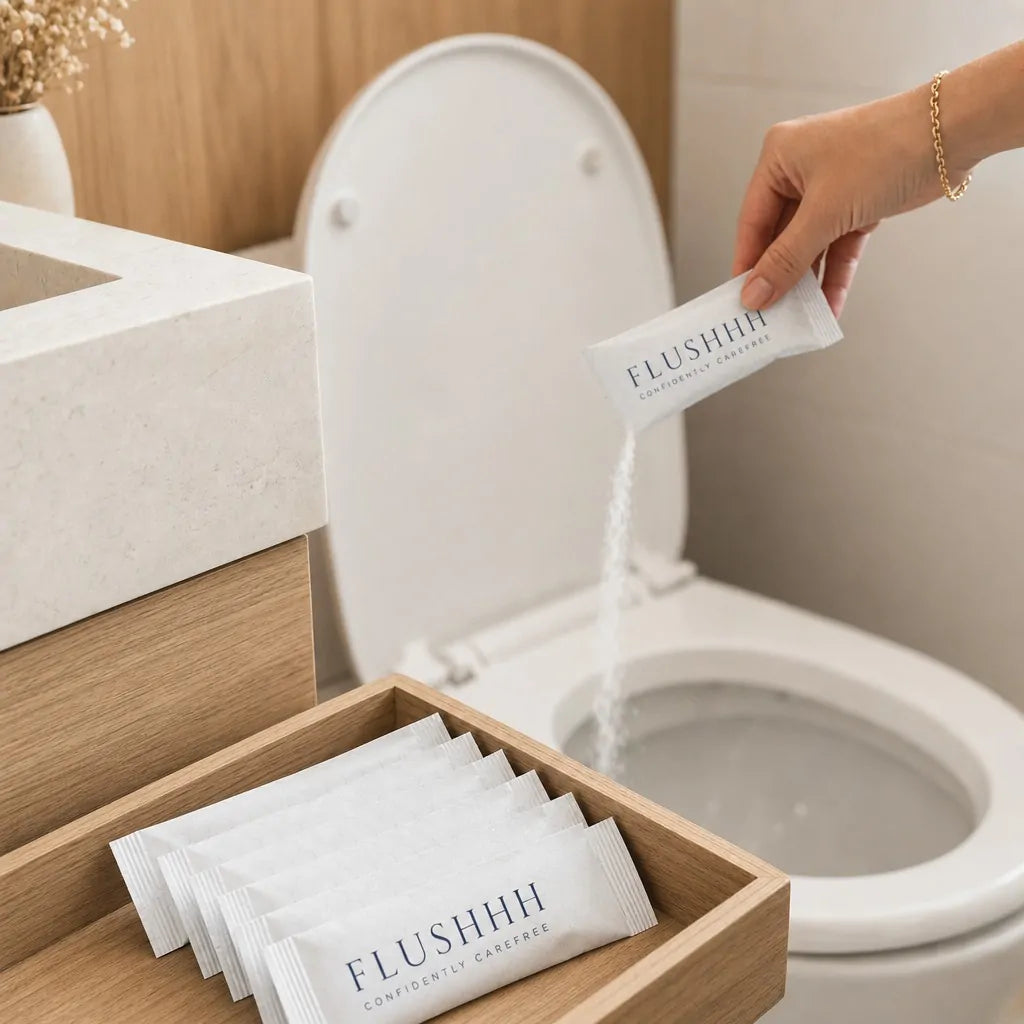 Flushhh® Toiletpulver 4 pak – Diskret mod Lugt og Lyd  Praktisk toiletpulver, der danner et skumlag i toilettet og hjælper med at holde toiletbesøget mere diskret