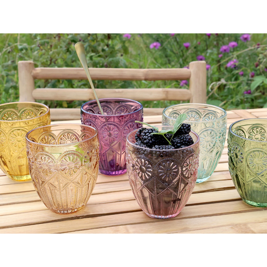 NYHED: Chic Antique – Saint-Émilion glas med mønster | 330 ml – farvet glas (6 stk.) 🌈