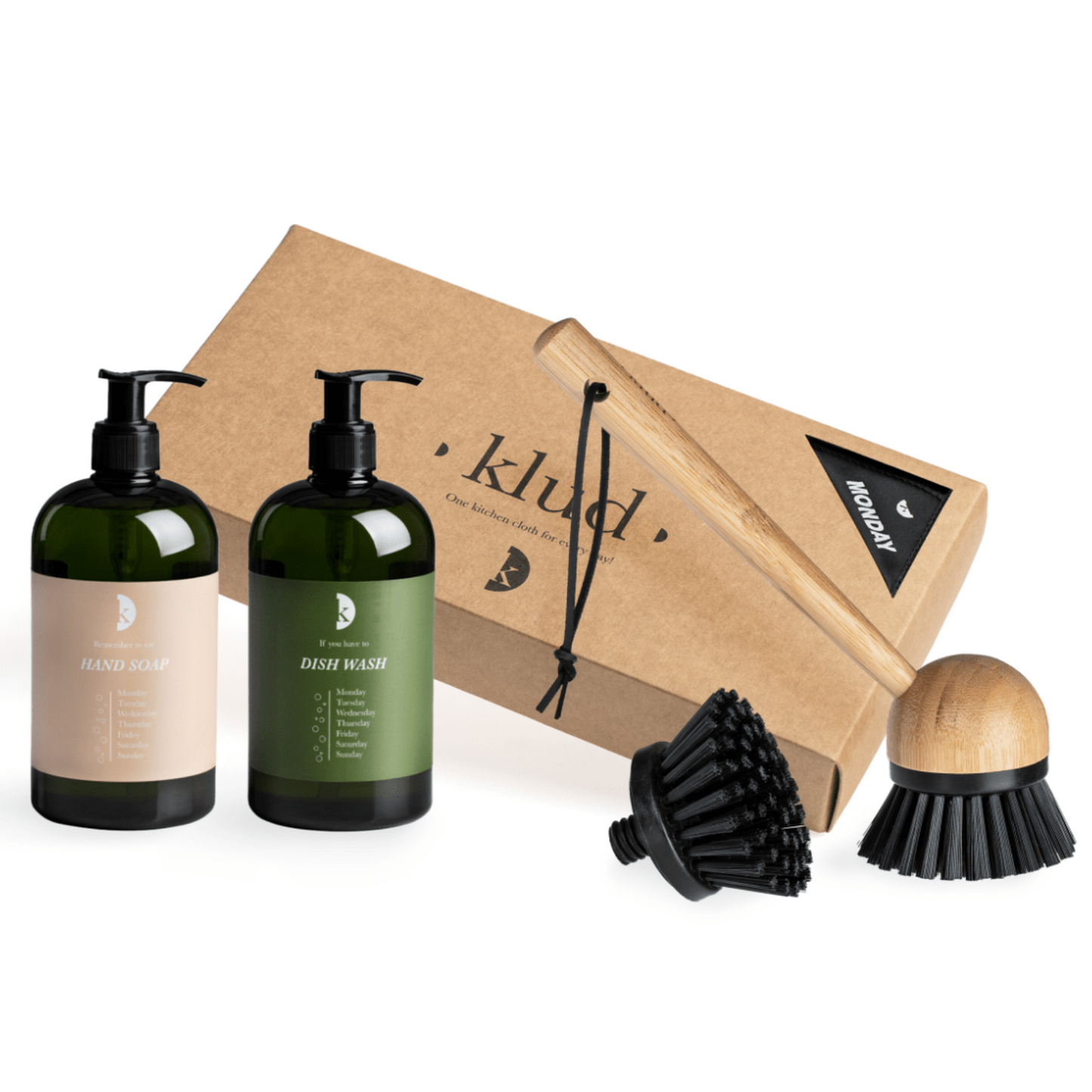 1 PAKKE KLUD, HÅNDSÆBE, OPVASKEMIDDEL & OPVASKEBØRSTE