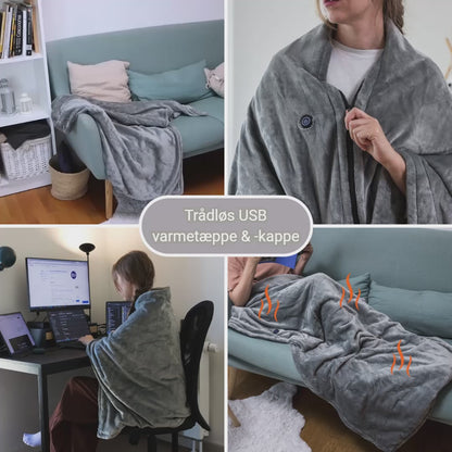 Trådløst USB Varmetæppe & Varmekappe – 150 × 80 cm  Blødt USB-varmetæppe, der også kan bruges som varmekappe – perfekt til sofaen, hjemmekontoret, camping og kølige aftener.
