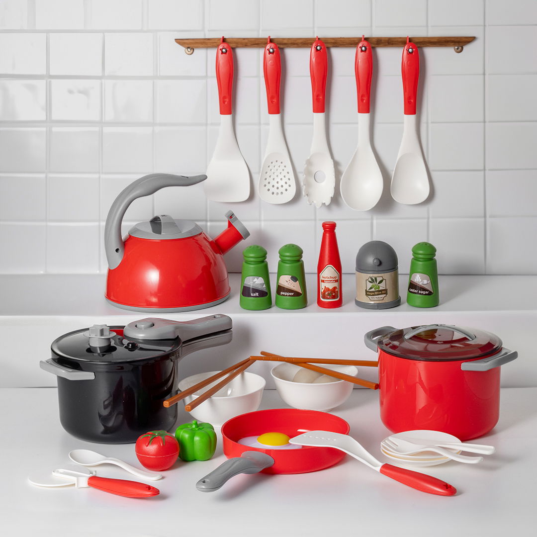 Køkkenlegetøjssæt til børn, rød + grøn, 32 dele