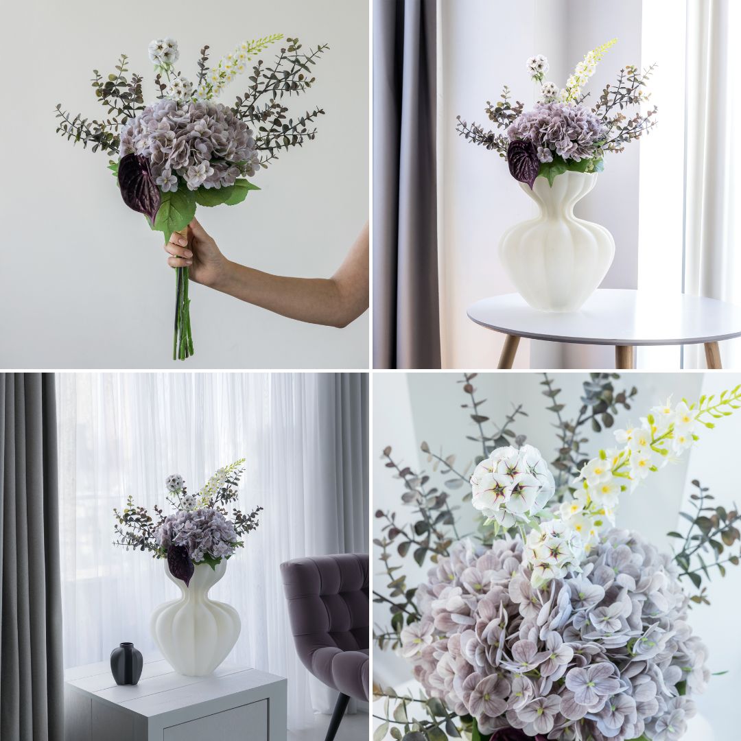Stor kunstig blomsterbuket – Lilla, grønne og brune nuancer