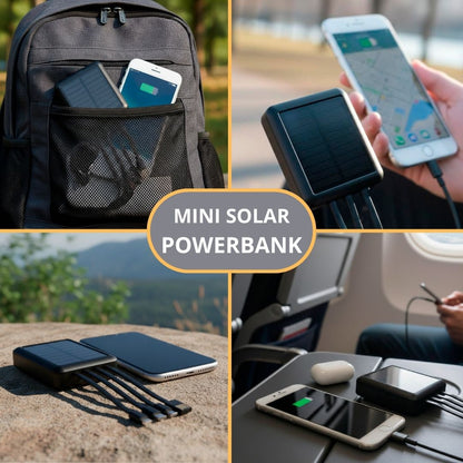 Mini solar powerbank med kabler, 10.000 mAh