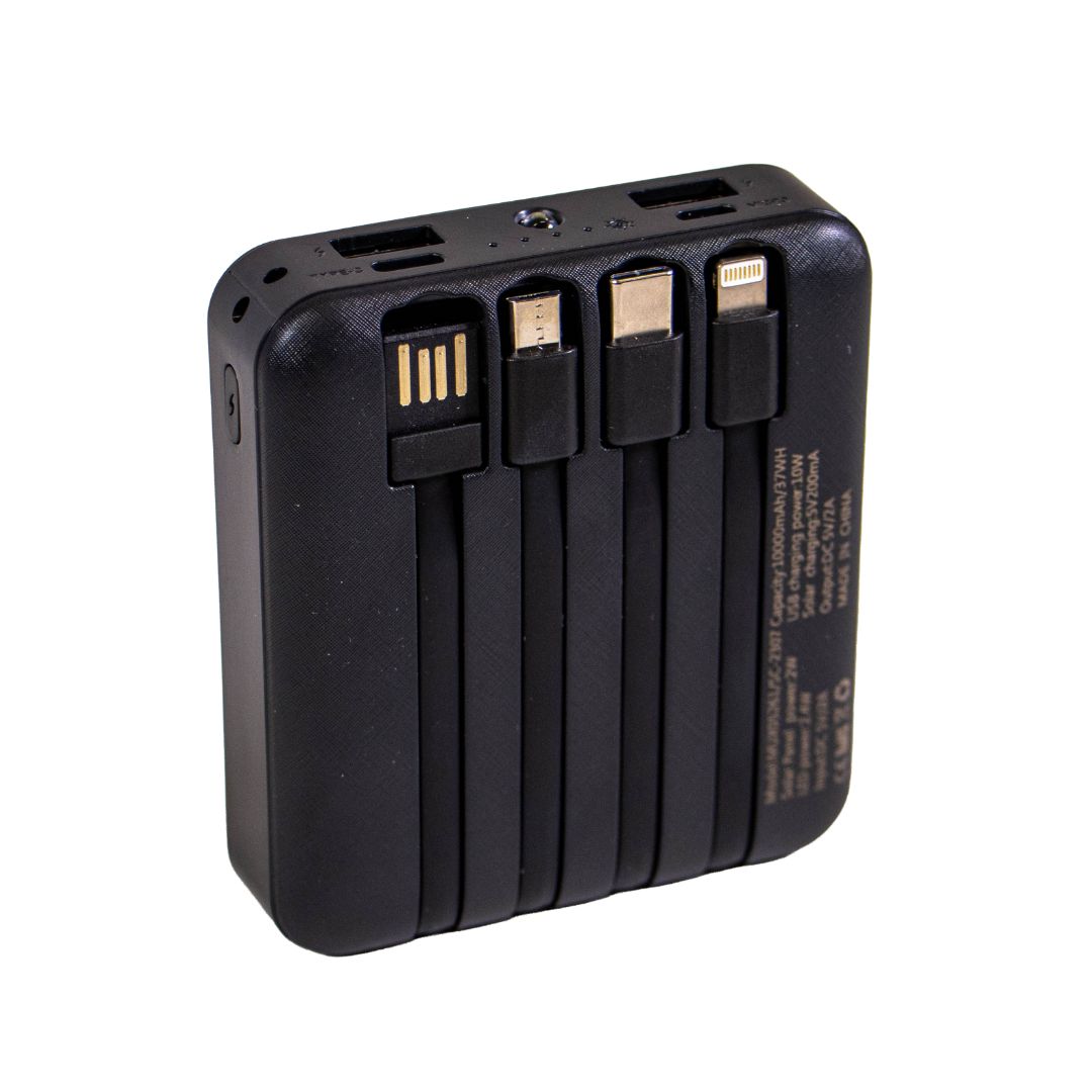 Mini solar powerbank med kabler, 10.000 mAh