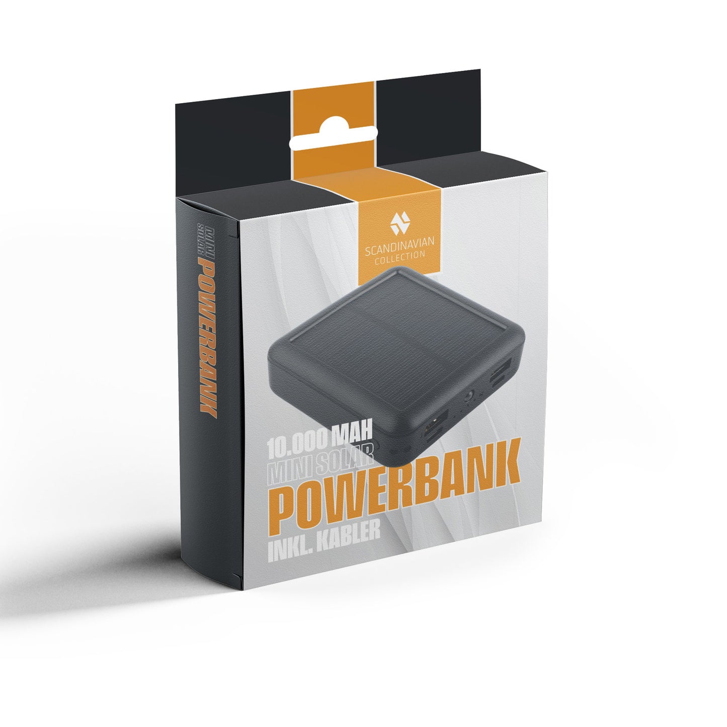 Mini solar powerbank med kabler, 10.000 mAh