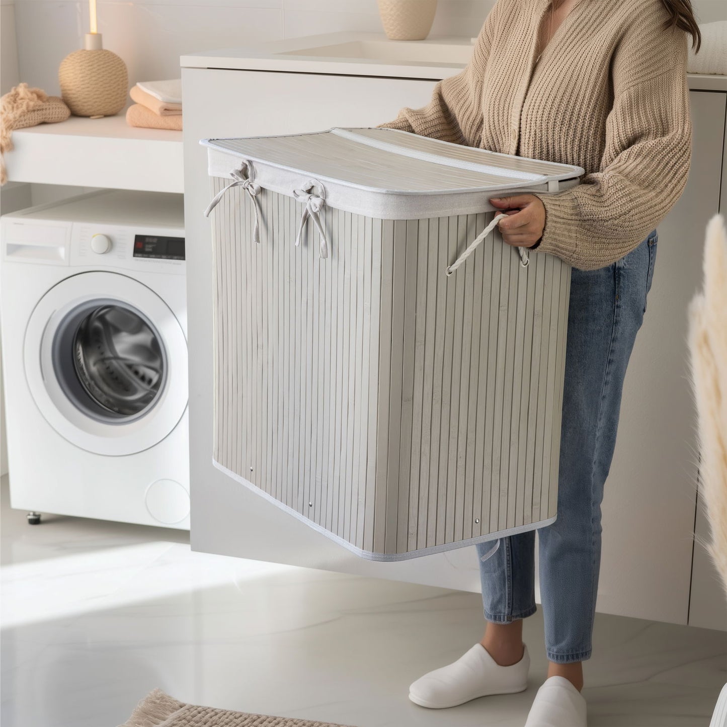 Nordis - Grå bambus vasketøjskurv med 3 rum, 144L, 60X40X60cm