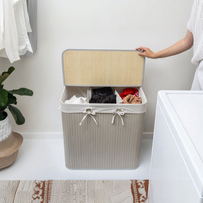 Nordis - Grå bambus vasketøjskurv med 3 rum, 144L, 60X40X60cm