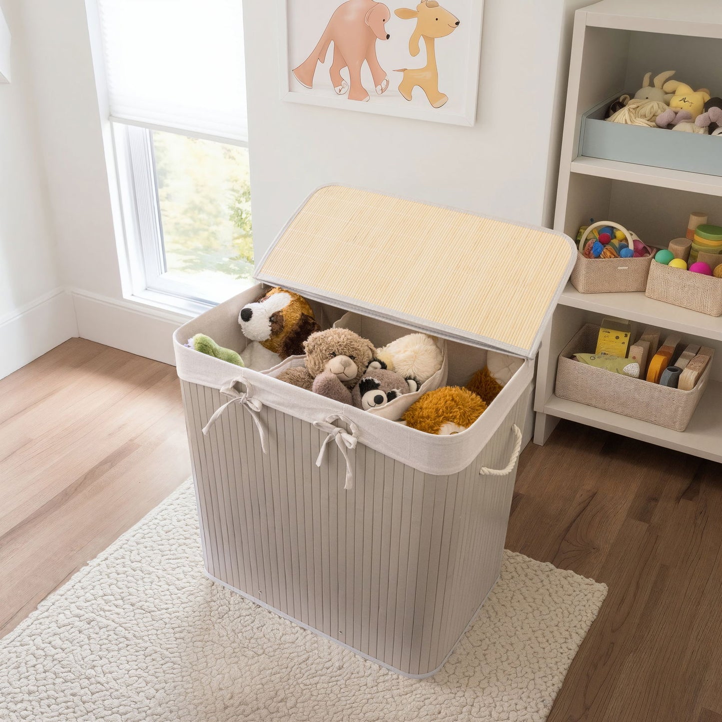 Nordis - Grå bambus vasketøjskurv med 3 rum, 144L, 60X40X60cm