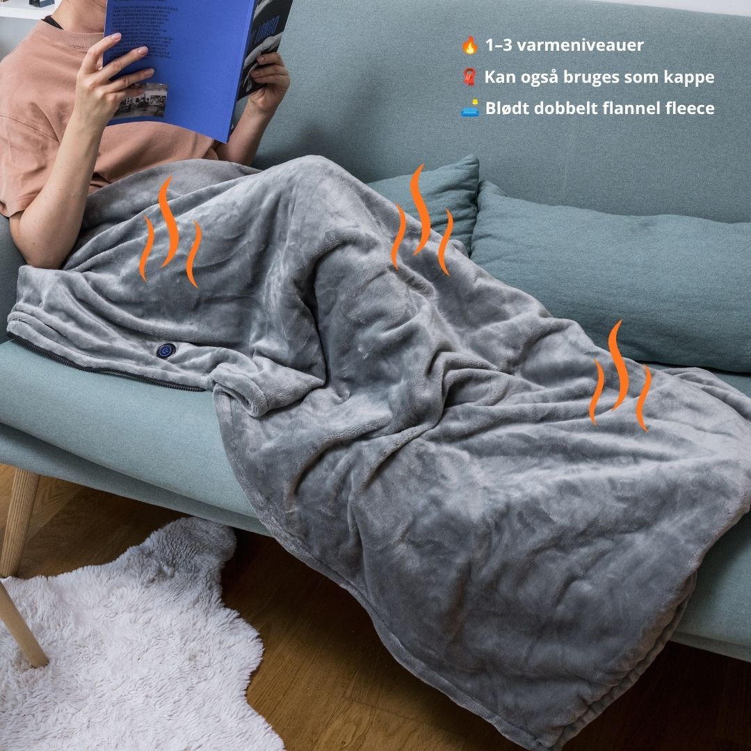 Trådløst USB Varmetæppe & Varmekappe – 150 × 80 cm  Blødt USB-varmetæppe, der også kan bruges som varmekappe – perfekt til sofaen, hjemmekontoret, camping og kølige aftener.